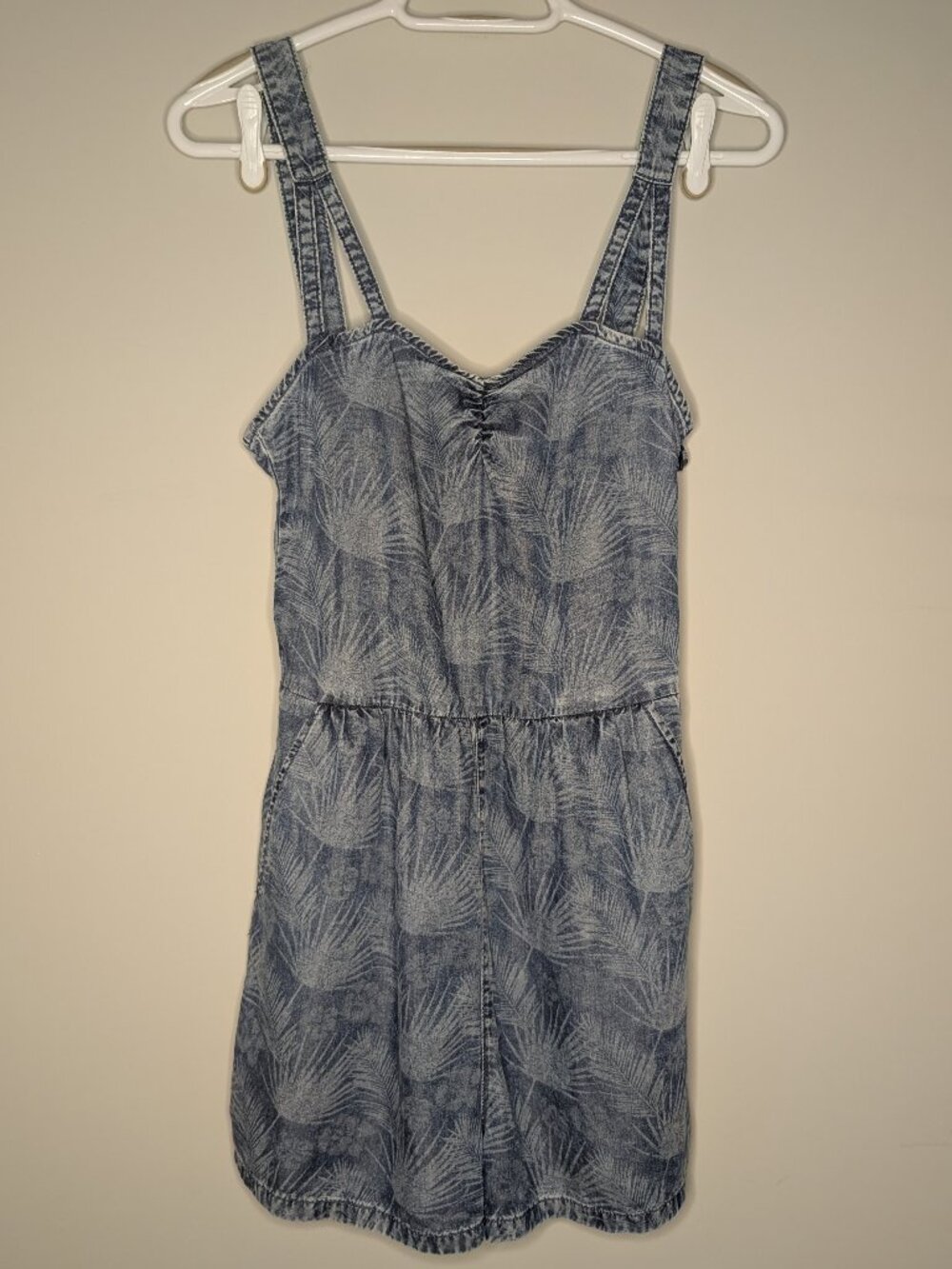 Zara Trafaluc Denim Palm Print Sweetheart Romper Size S
